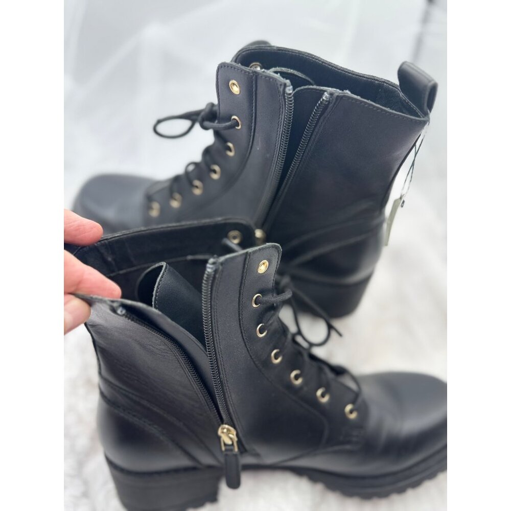 Cole Haan Camea Leather Combat Boots Black Side Zipper & Lace-Up Size 9B - Picture 7 of 15